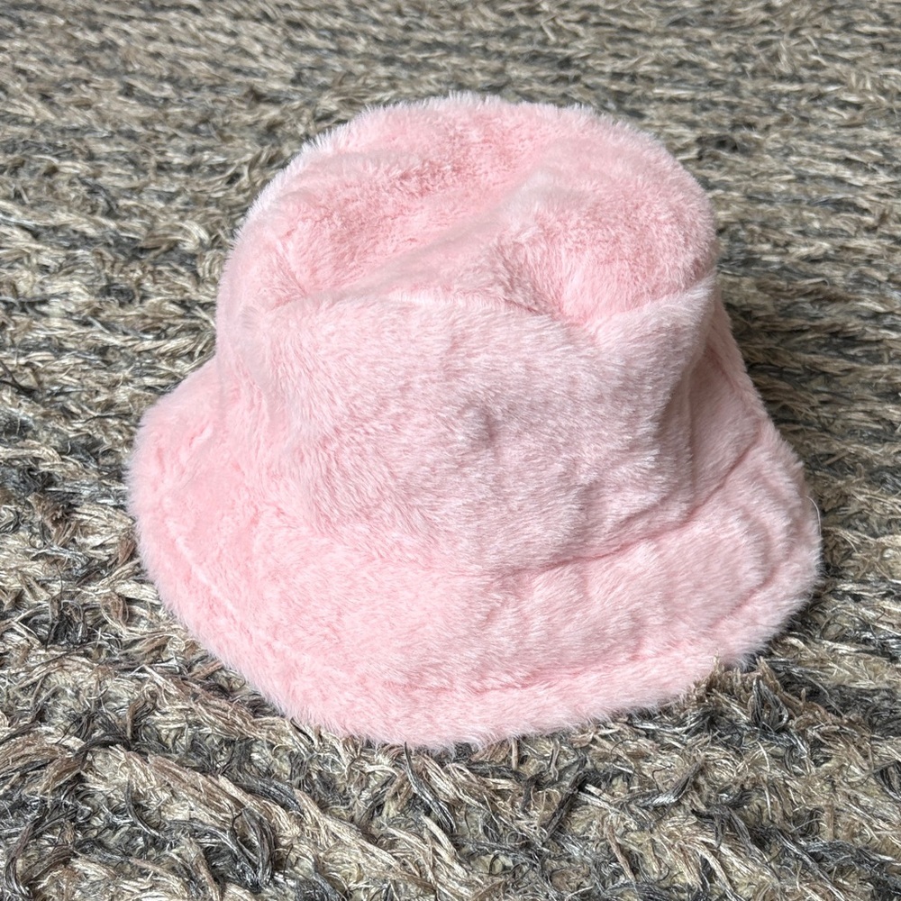 Chic Soft Pink Furry Bucket Hat with Inner Drawstring, OS